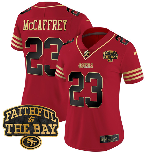 Women's San Francisco 49ers #23 Christian Mccaffrey Red 2025 Faithful To The Bay Patch Limited V8 Stitched Football Jersey(Run Small)